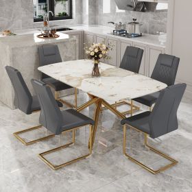 Table and chair set, large modern minimalist rectangular dining table, 0.39-inch imitation marble tabletop and golden metal legs