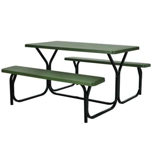 All Weather Outdoor Picnic Table Bench Set with Metal Base Wood All Weather Outdoor Picnic Table Bench Set with Metal Base Wood